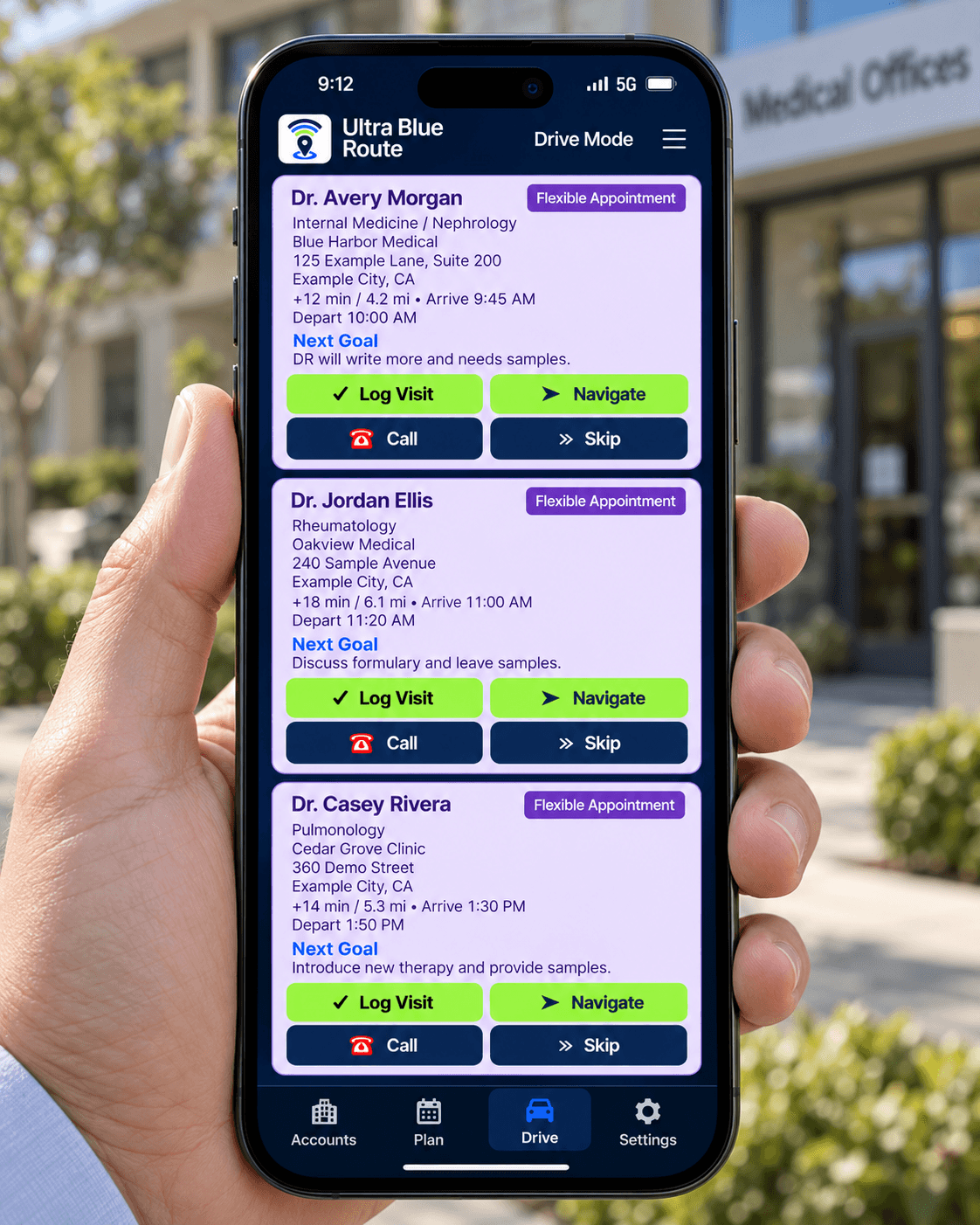 Supplied Drive Mode phone illustration with fictional demonstration accounts and visit actions
